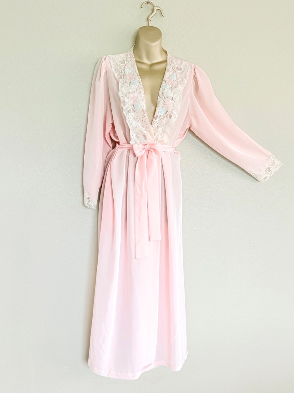 Vintage Blush Baby Pink Floral Lace Trim Ethereal Hollywood Boudoir Robe Sz M